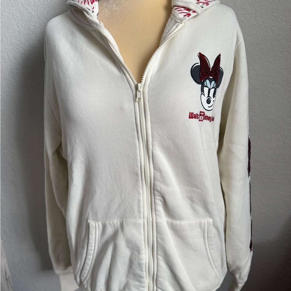 Women’s Walt Disney World  Minnie Mouse Red Glitter Bow Zip Hoodie Size L